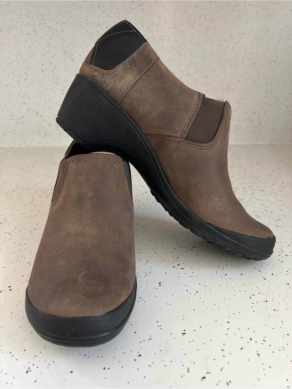 Merrell Cloudy Brown Leather Slip-On Wedge Clogs